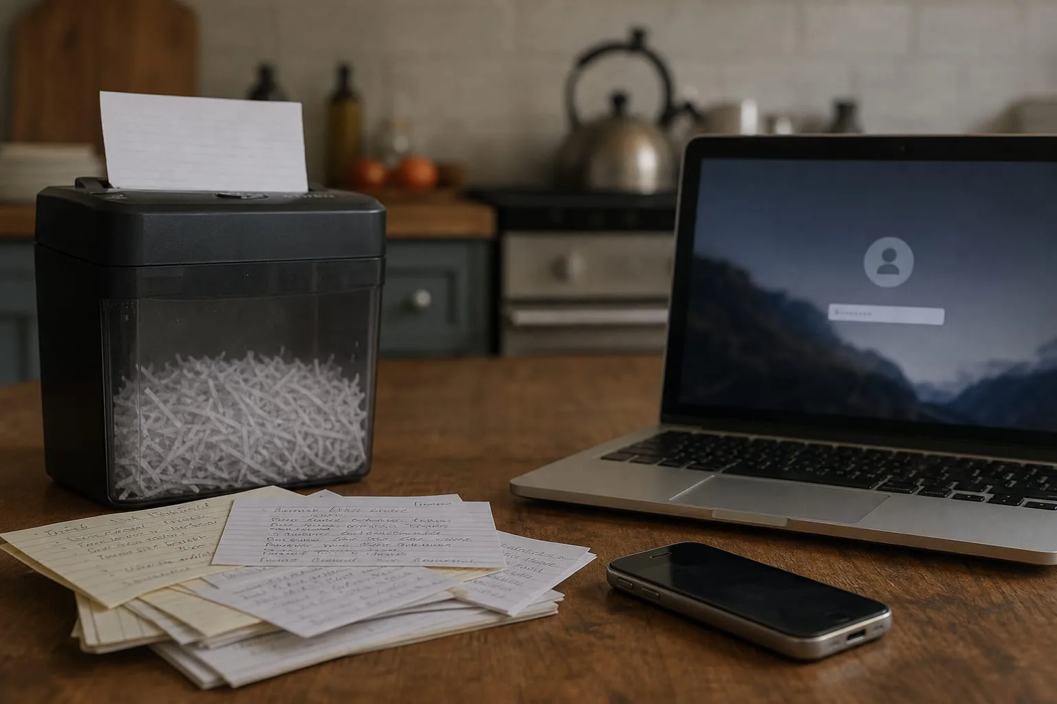 A kitchen table with a cross-cut shredder, a small pile of handwritten index cards and notepaper, an old smartphone, and a laptop showing a login screen