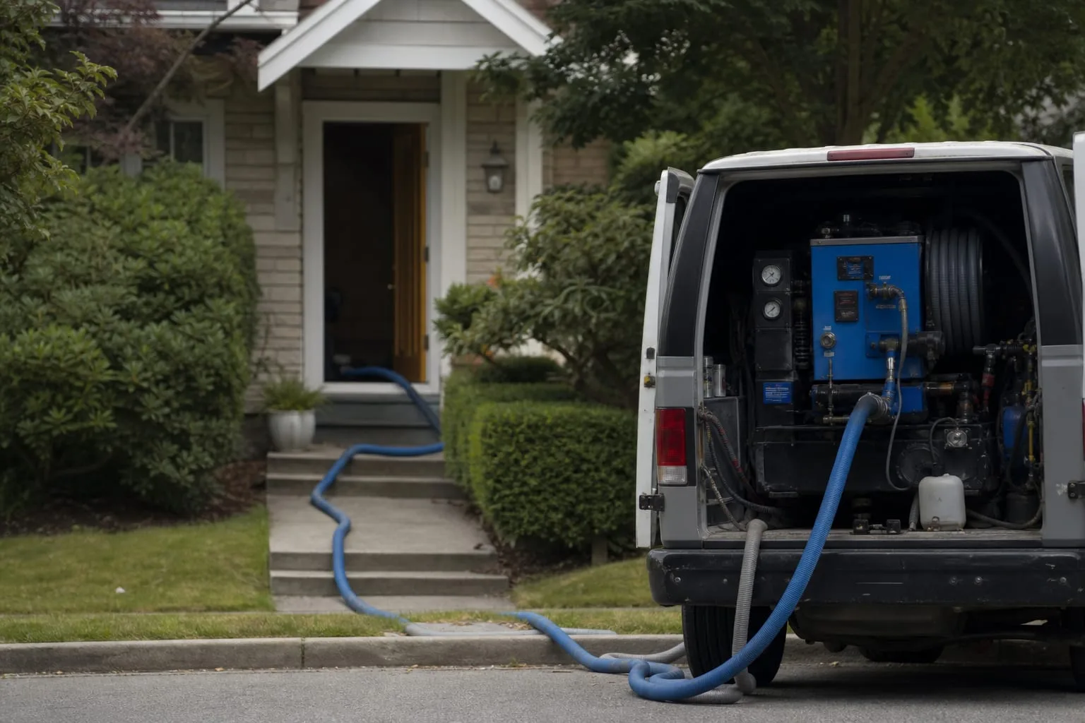 A truck-mounted carpet extraction unit visible in the open back of a van parked at a suburban curb, hoses running up a front walk toward an open door