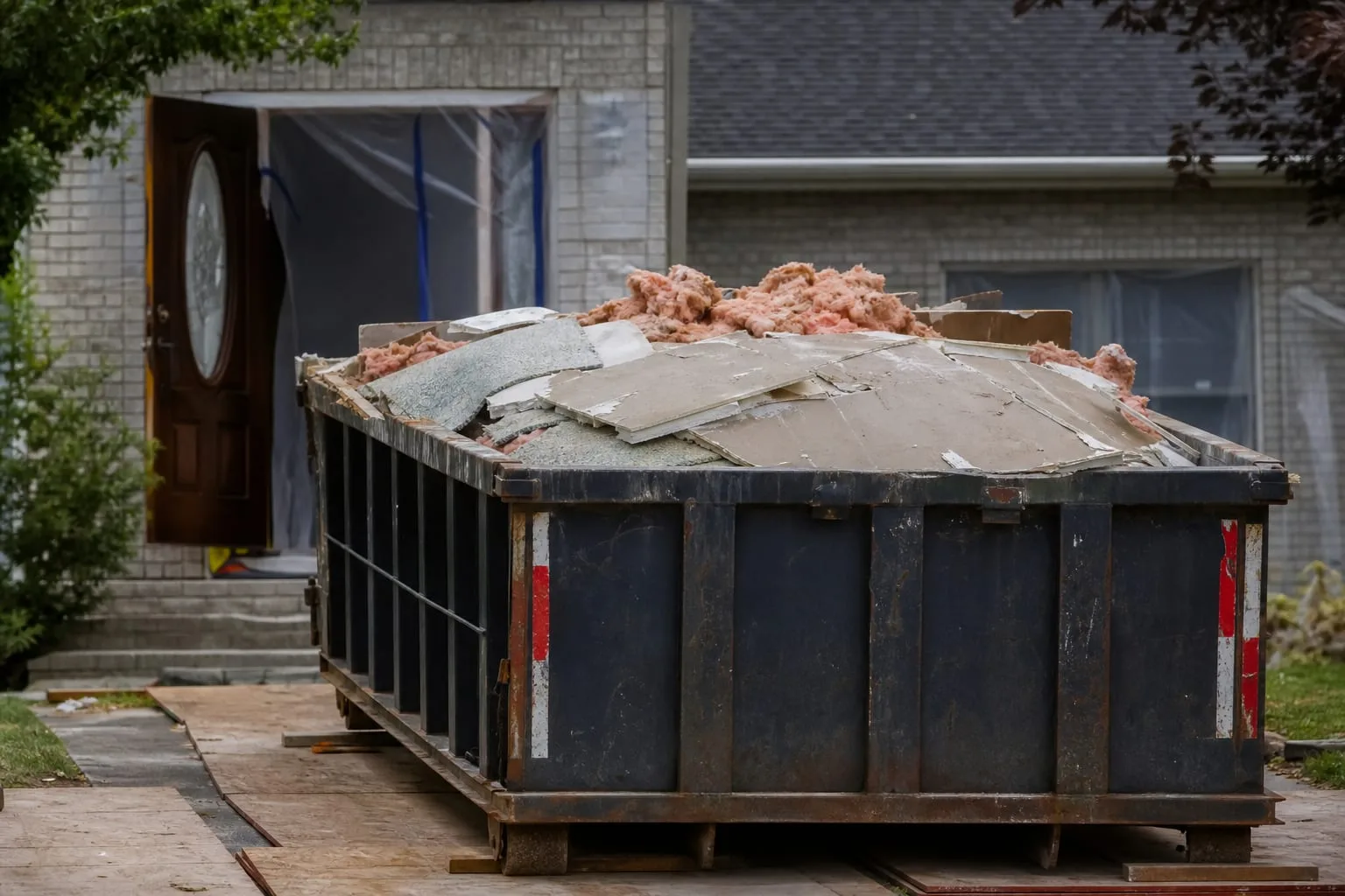 A roll-off dumpster in a residential driveway on plywood sheets, partly filled with wet drywall sheets, torn carpet pad and soaked fiberglass insulation, wit...
