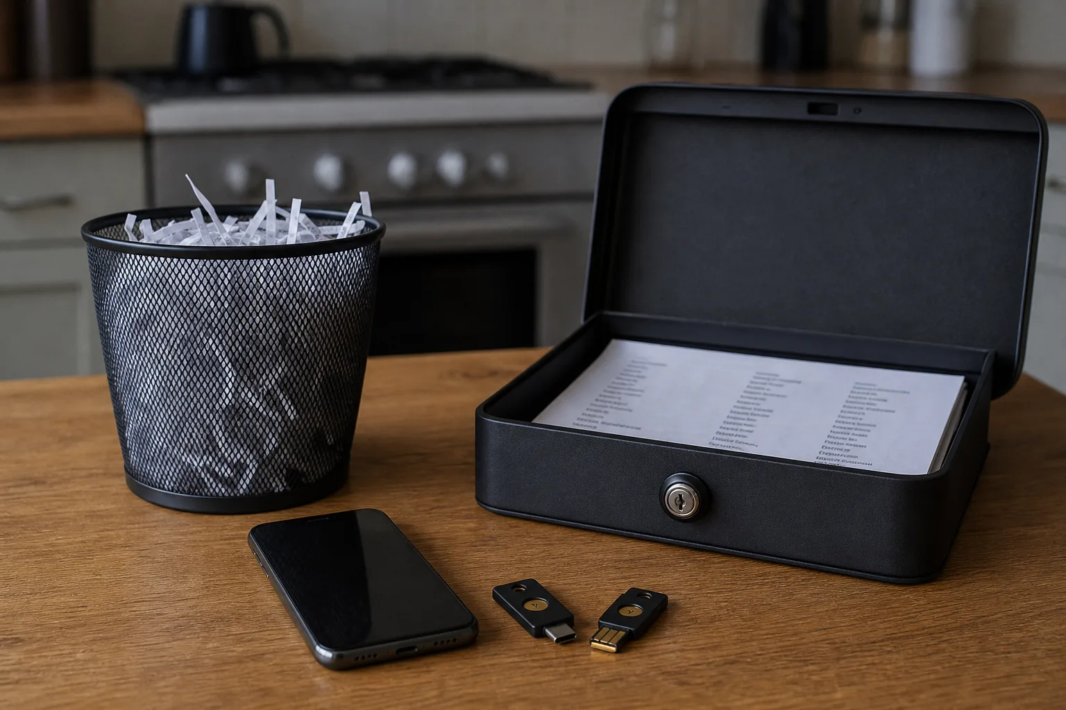 A kitchen table holding a retired smartphone, two small hardware security keys, a cross-cut shredder bin of paper strips, and a printed sheet of account name...