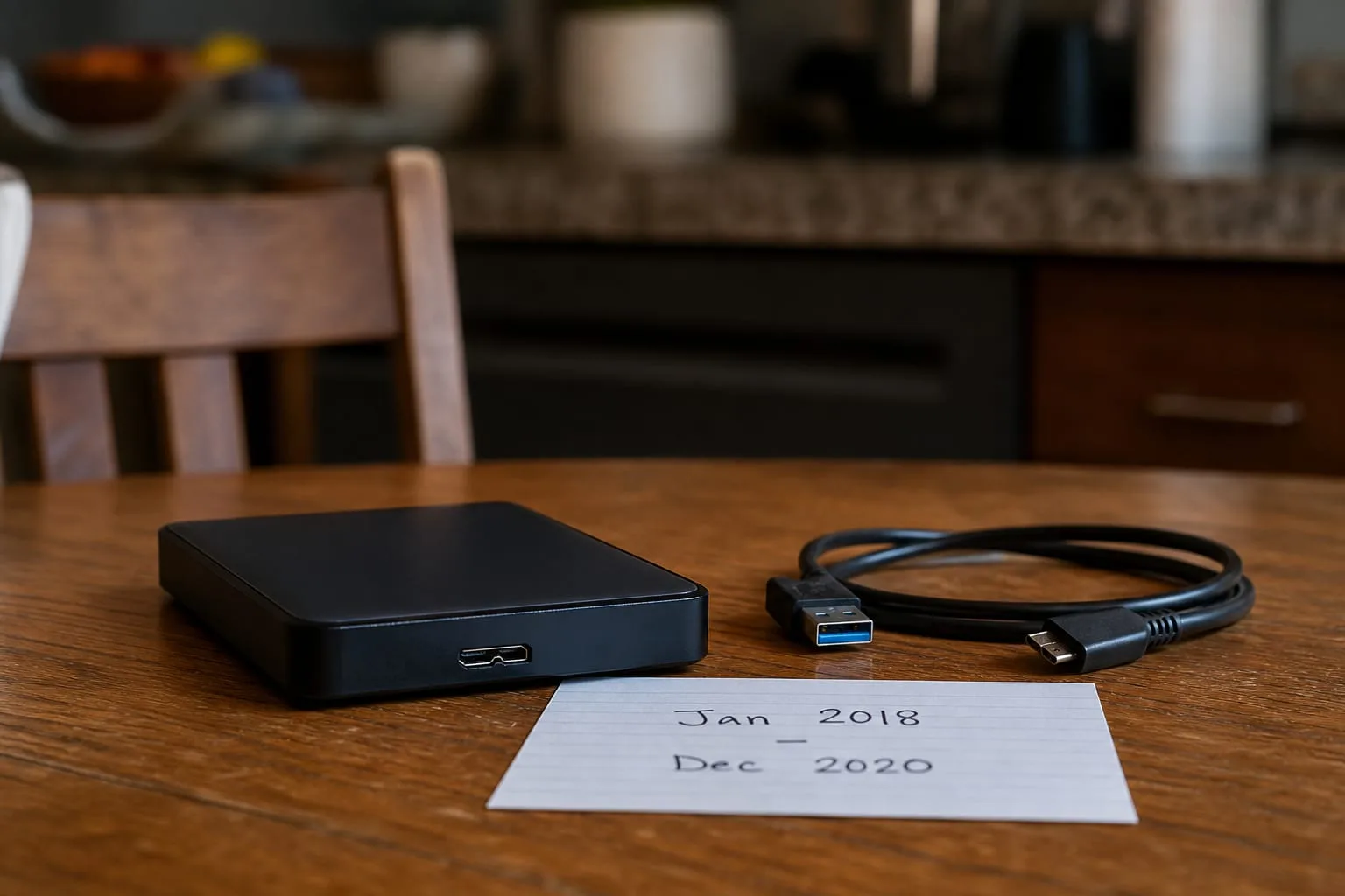 An external hard drive on a kitchen table, unplugged, with its USB cable coiled beside it and a handwritten index card noting dates