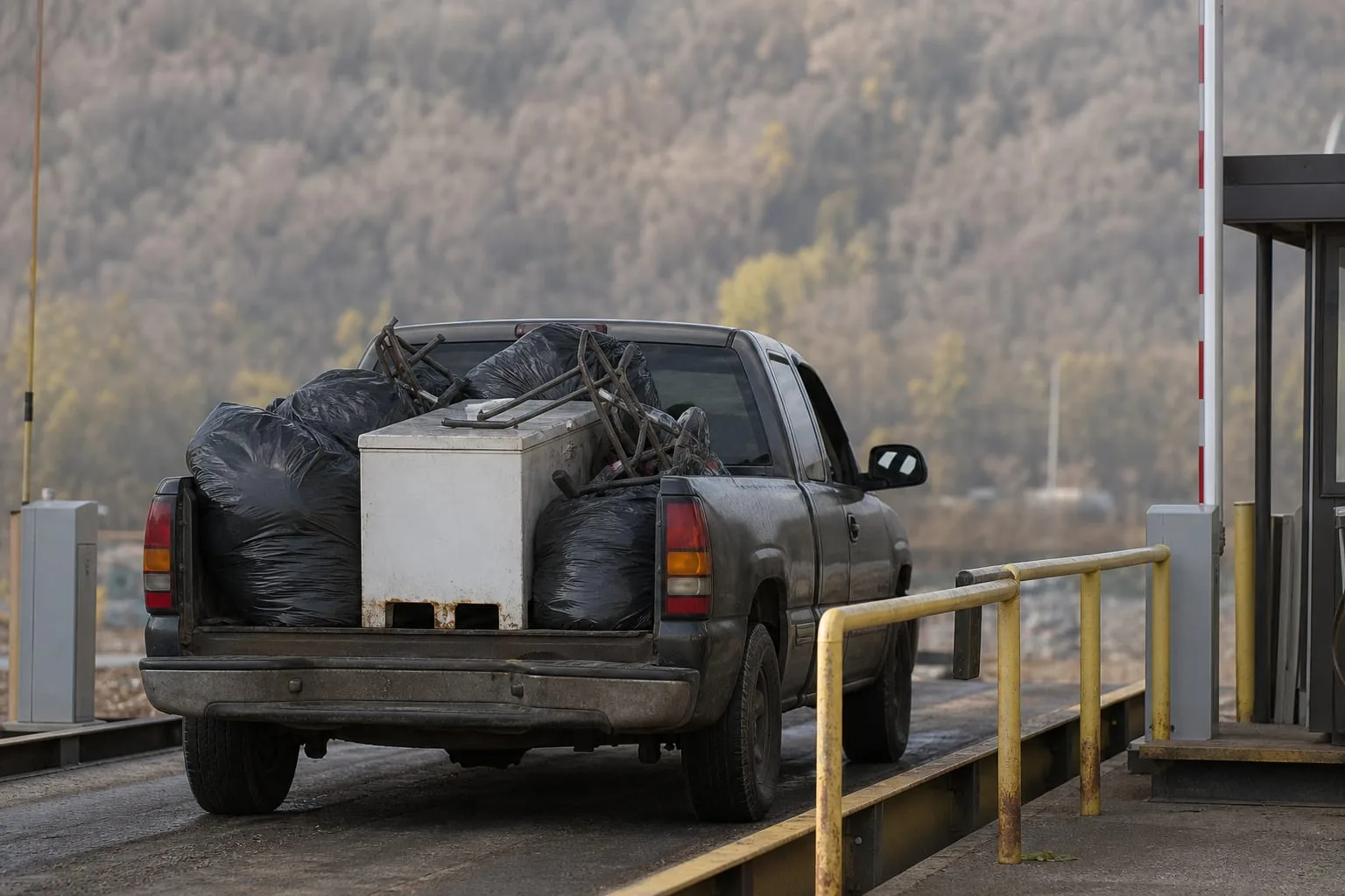 A pickup truck loaded with bagged yard debris, an old chest freezer, and scrap metal, waiting at the gate of a municipal transfer station weigh scale