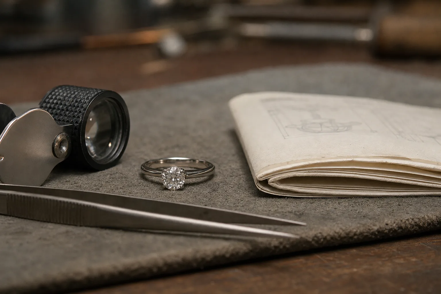 A diamond ring beside a folded appraisal document, a loupe and a small set of tweezers on a jeweler's bench pad