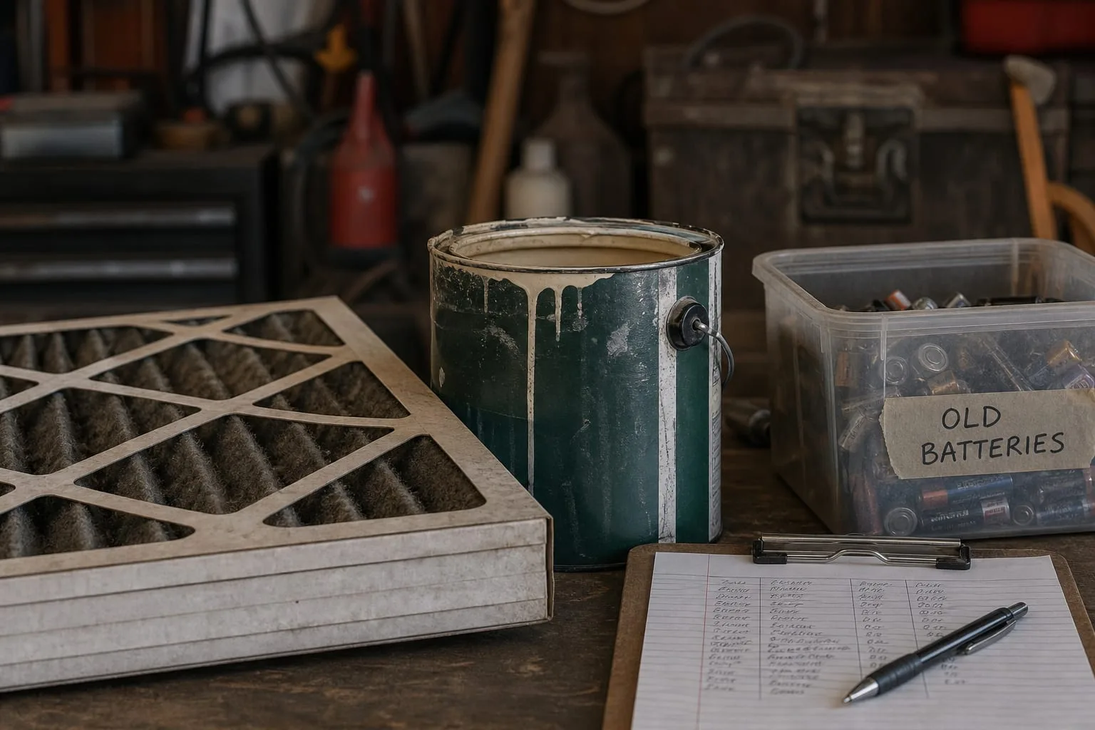 A garage workbench with a used pleated furnace filter, a partly full can of paint, a labeled bin of old batteries, and a handwritten log page on a clipboard