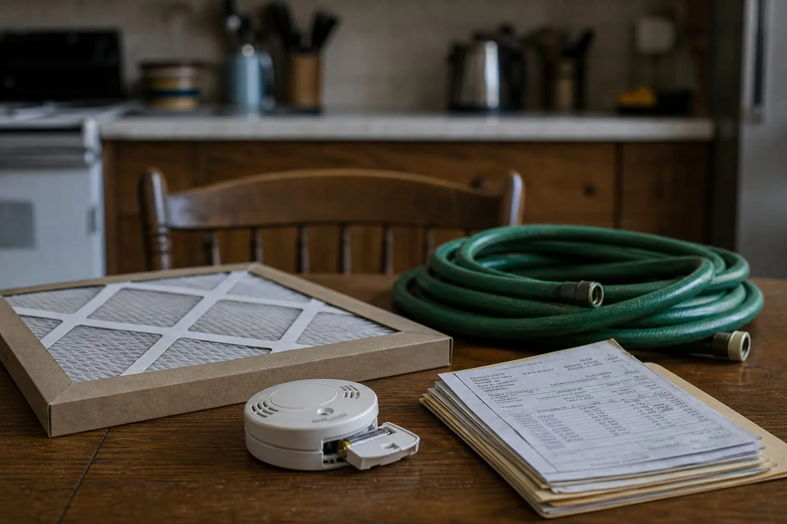 A kitchen table in a home covered with a furnace filter still in its cardboard frame, a coiled garden hose, a smoke alarm with its battery cover open, and a...