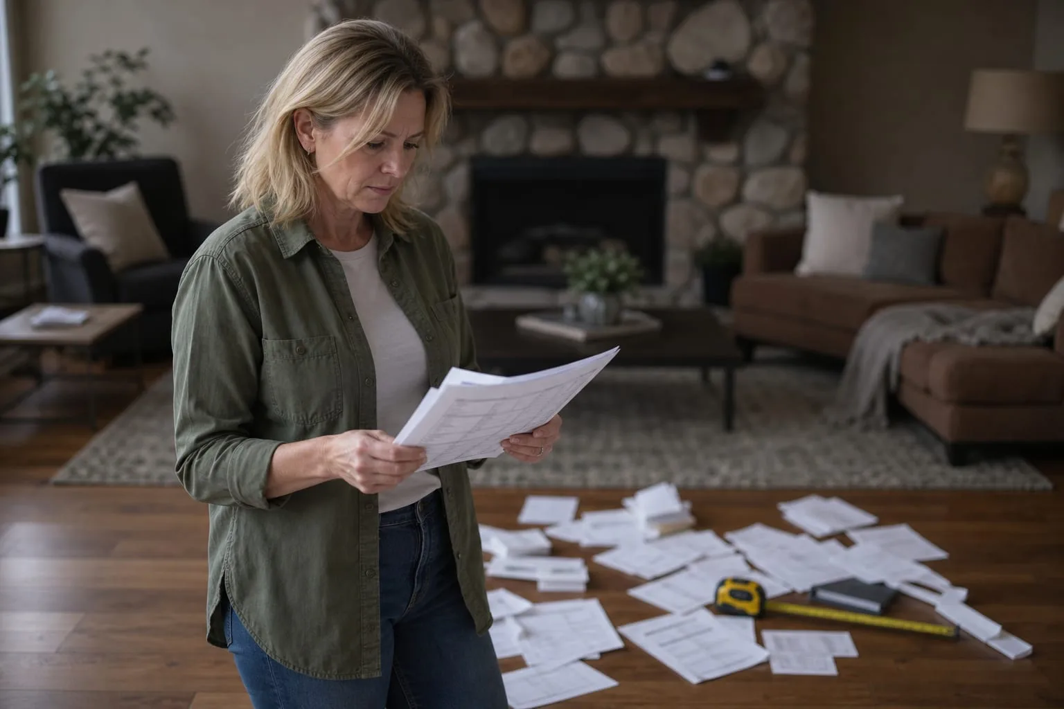 A homeowner standing in a living room holding a multi-page insurance replacement cost estimate, with a tape measure and renovation receipts spread on the flo...