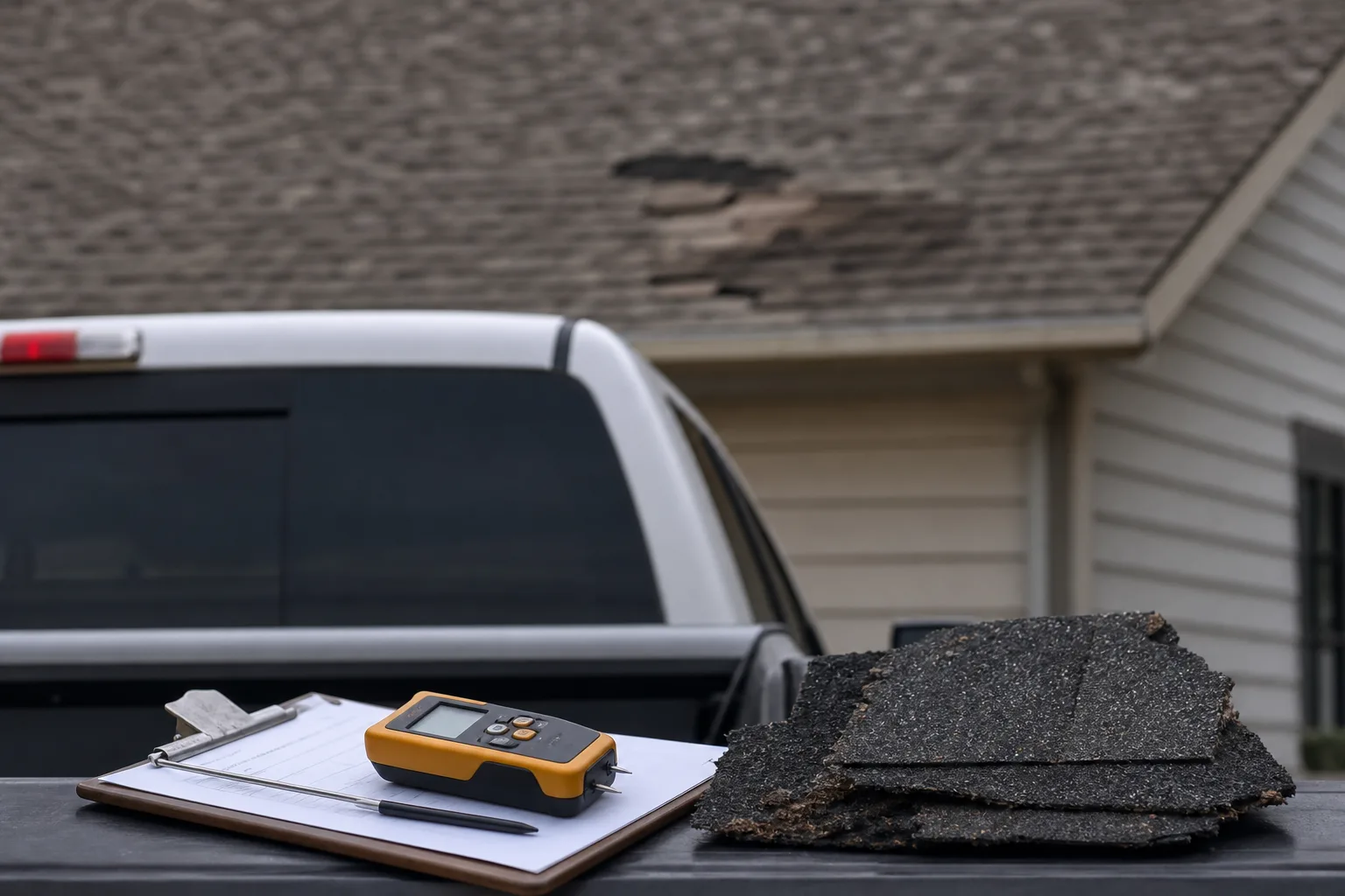 A contractor's clipboard and moisture meter resting on a tailgate beside a torn sample shingle, with a pickup truck and a house roofline behind