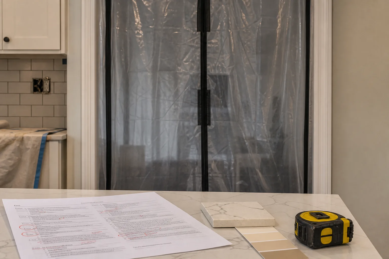A marked-up printed construction scope of work on a kitchen counter beside a quartz sample, a paint chip and a tape measure, with a zippered plastic dust bar...