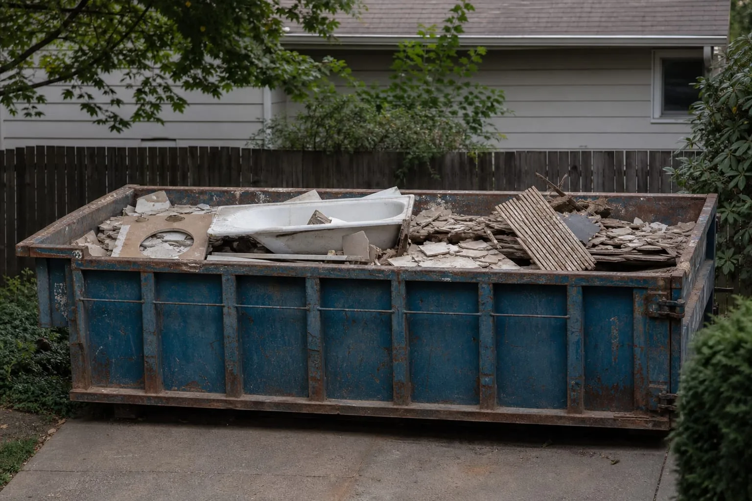 A ten-yard roll-off container in a suburban driveway, partly filled with a demolished bathroom: broken floor tile, a cast iron tub, a cracked vanity top, and...