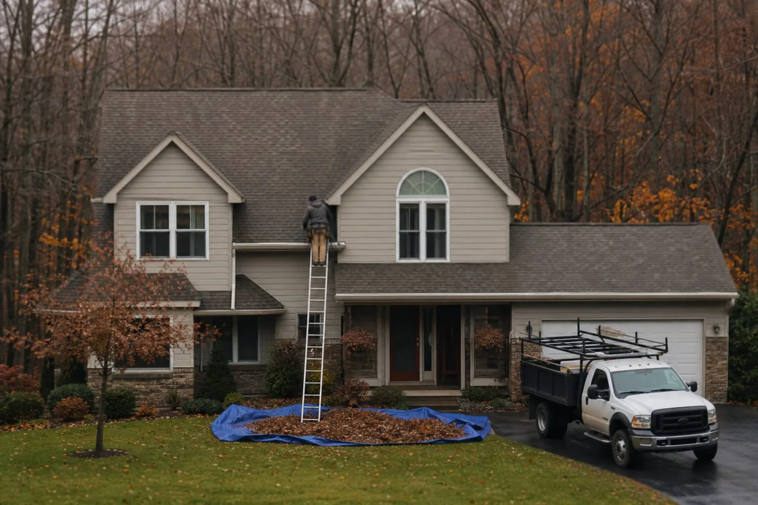 A two-story suburban house in late autumn with an extension ladder set against the gutter line, a tarp of wet leaves on the lawn below, and a work truck park...
