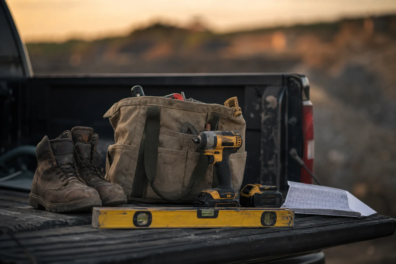 A first-year apprentice's work tools laid out on a truck tailgate at the end of a shift: scuffed leather boots, a canvas tool bag, cordless drill with two ba...