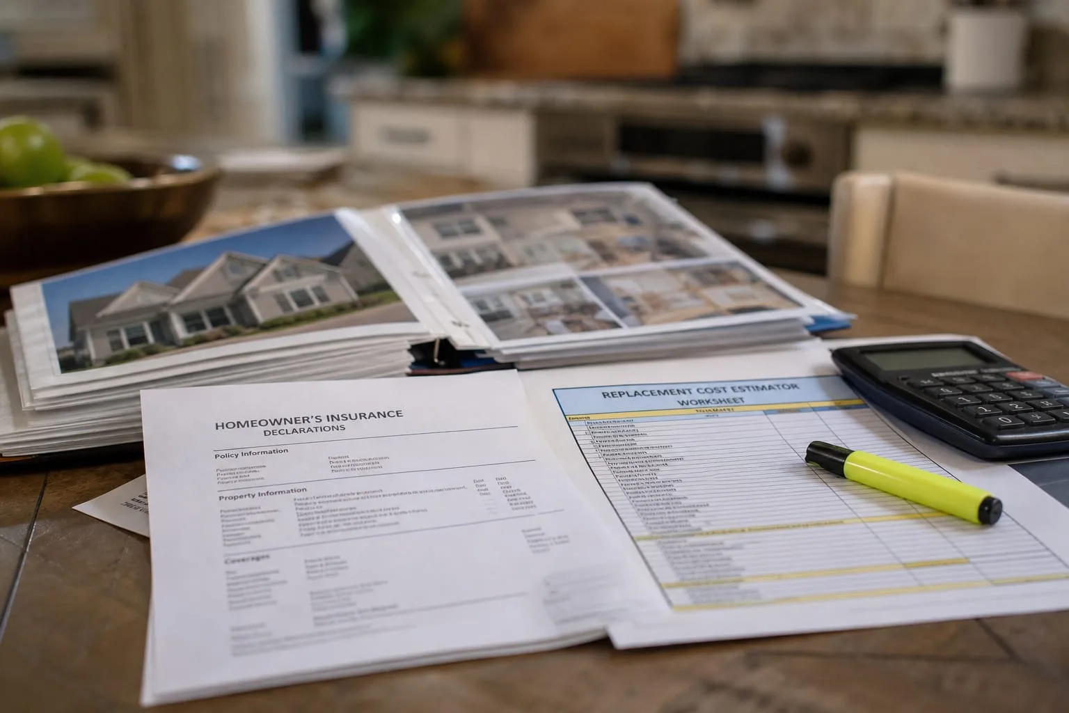A homeowner's insurance declarations page and a printed replacement cost estimator worksheet spread on a kitchen table beside a calculator, a highlighter and...