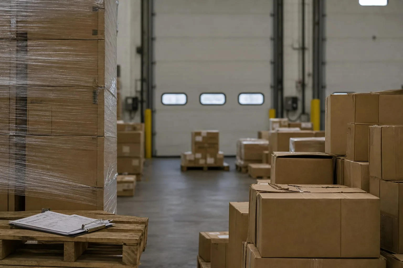 A warehouse receiving dock with palletized cartons on one side and loose floor-loaded boxes stacked on the other, a clipboard and packing list resting on a p...