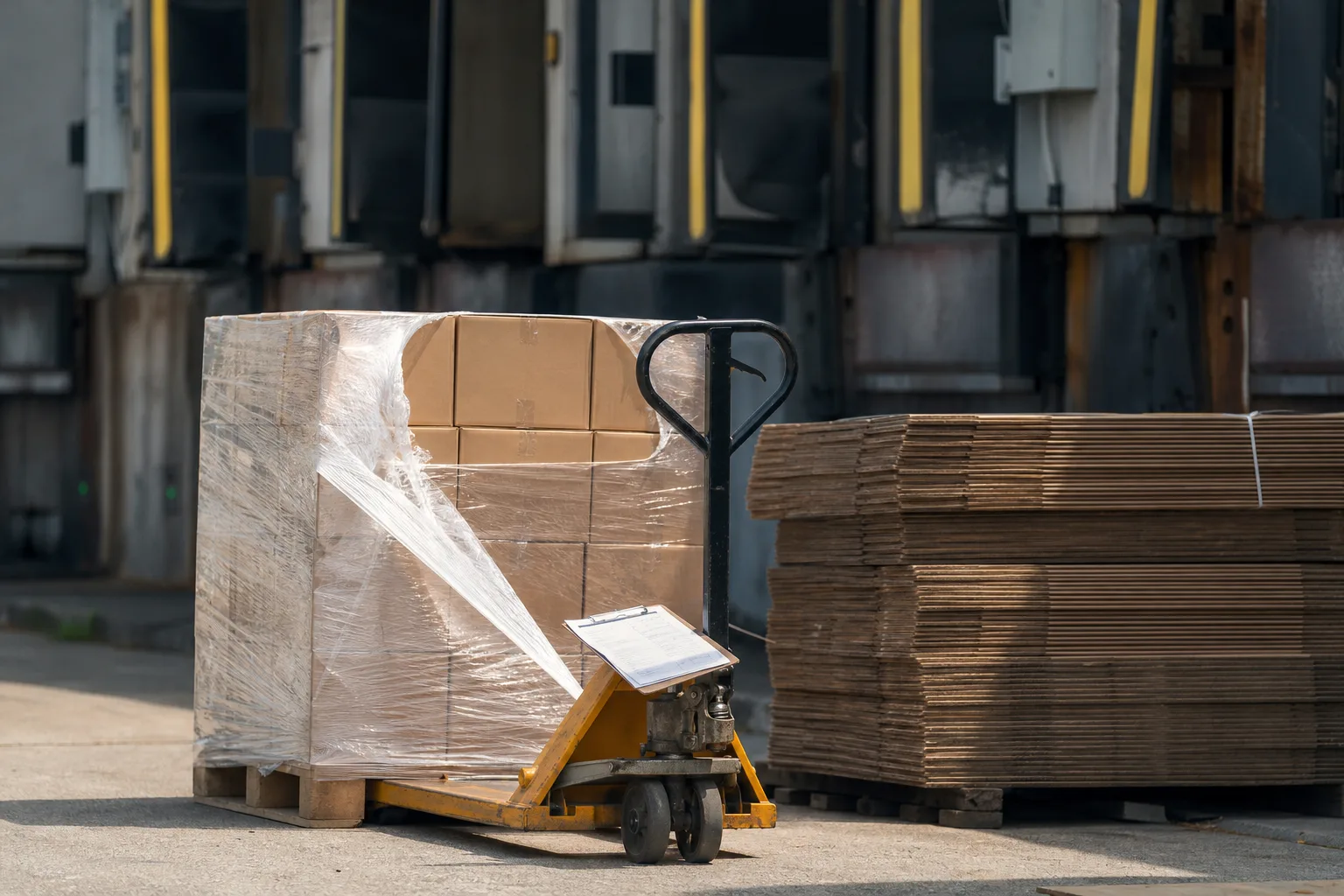 A warehouse receiving dock mid-morning with a pallet of cartons partially unwrapped, a stack of flattened corrugated board, and a clipboard with a bill of la...