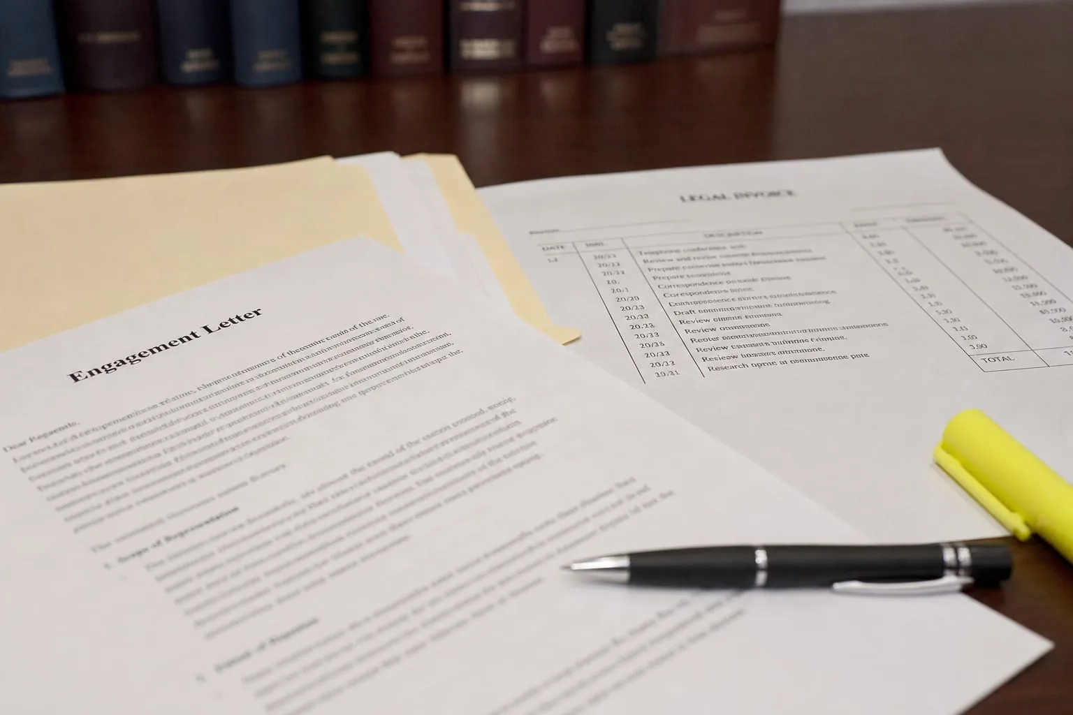 An engagement letter and an itemized legal invoice spread on a desk beside a pen, a highlighter, and a manila client file folder