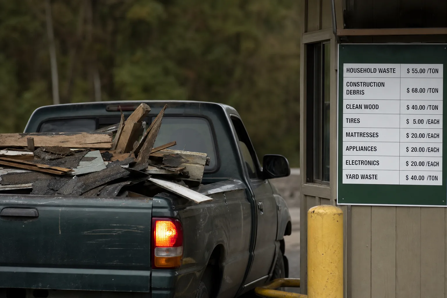 A pickup truck bed loaded with demolition debris, old lumber and torn shingles, parked at a municipal transfer station scale house with a posted fee schedule...