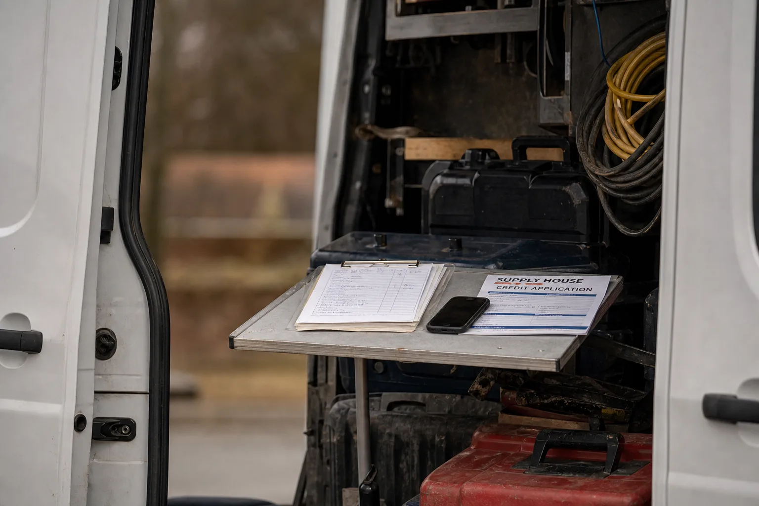 A work van's open side door with a folding table set up inside, holding a clipboard of invoices, a phone, and a supply house credit application, surrounded b...