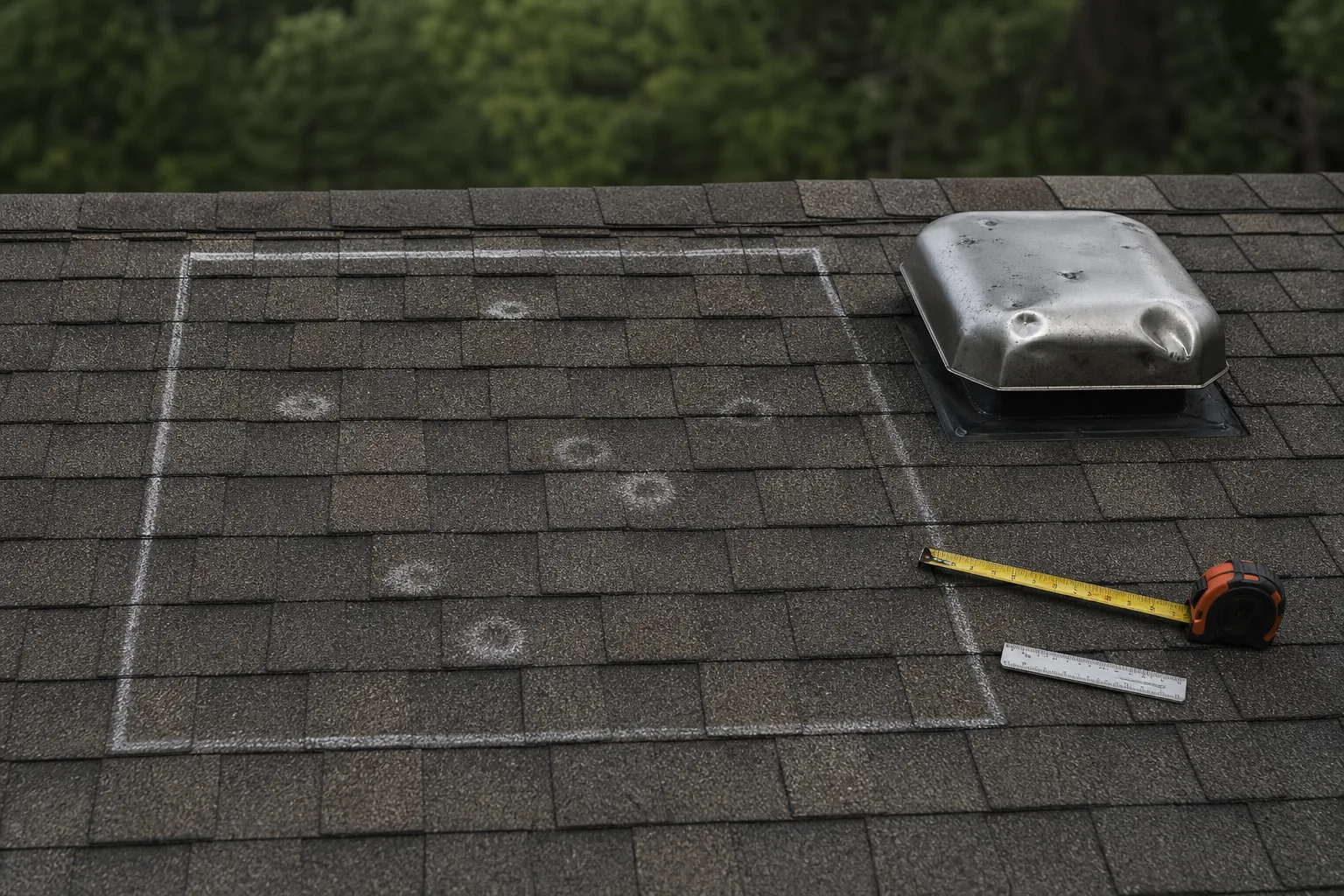 A chalk-marked ten by ten foot test square on an asphalt shingle roof slope, with a tape measure and a small ruler resting on the shingles beside several hai...