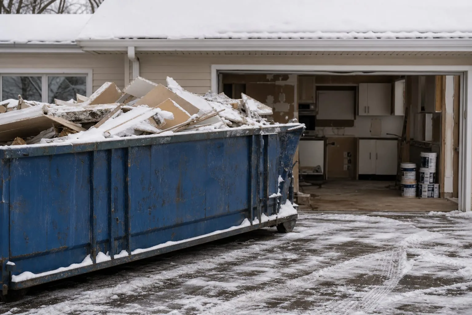A full roll-off dumpster in a residential driveway in winter, snow on the debris, an unfinished kitchen demolition visible through an open garage door with p...