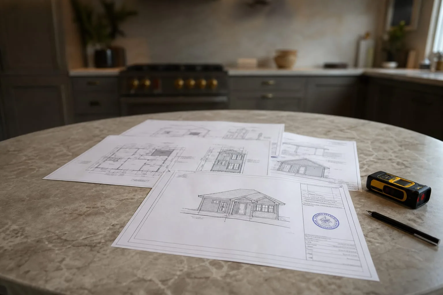 A printed set of architectural drawings for a small garage conversion spread across a kitchen table, with a professional's stamp visible on the cover sheet,...