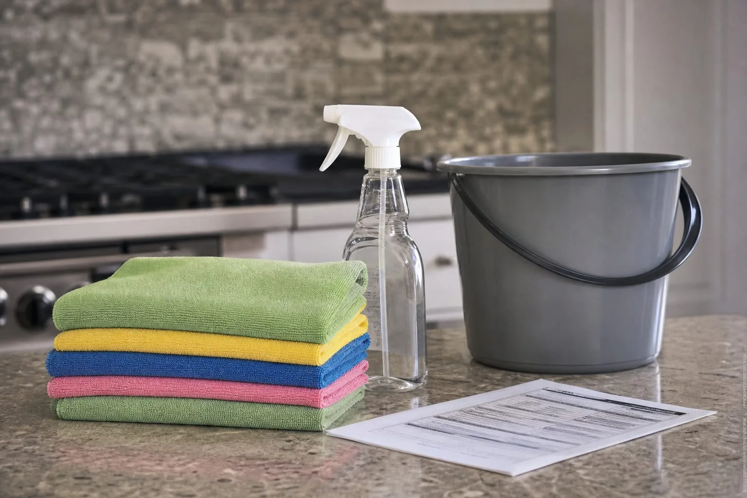 A stack of folded color-coded microfiber cloths, a spray bottle and a bucket set on a kitchen counter beside a homeowner's printed work order