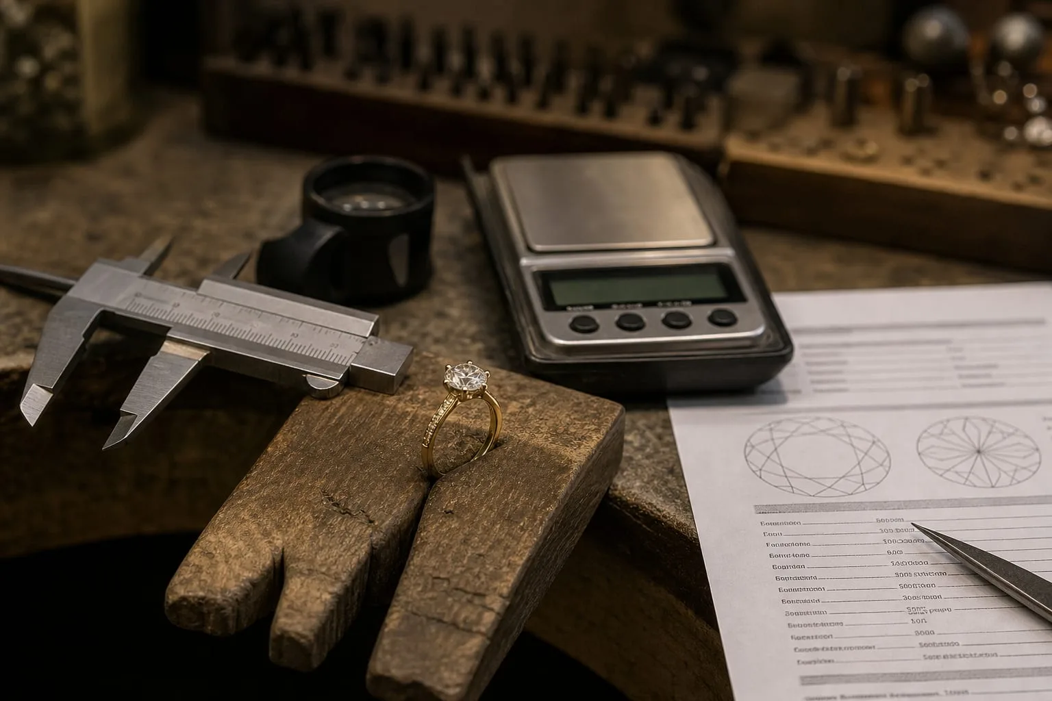 A jeweler's bench with a diamond ring held in a bench block beside calipers, a loupe, a small digital gem scale, and a printed appraisal document with a plot...