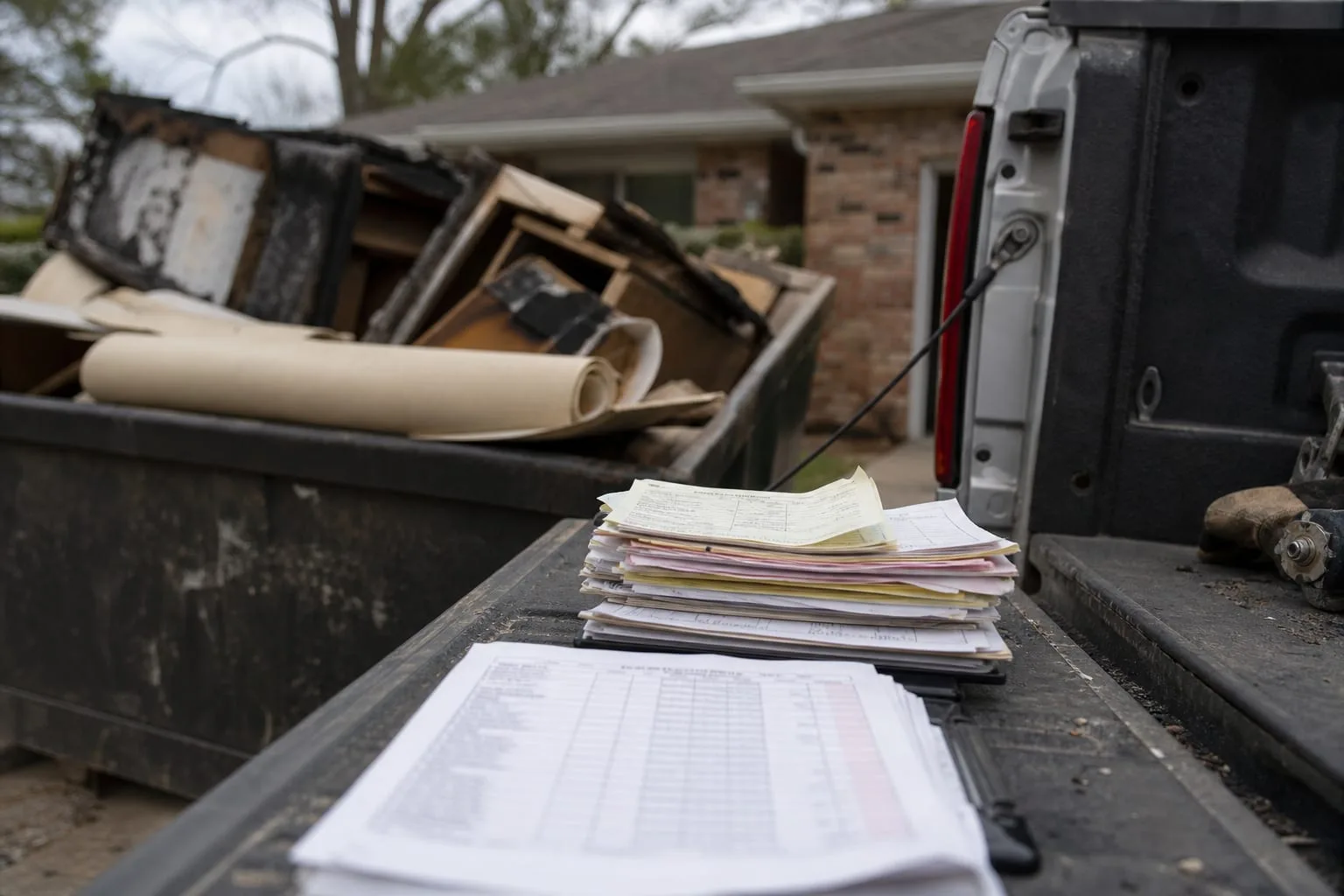 A stack of landfill weight tickets and a printed debris inventory resting on the tailgate of a work truck, with a roll-off dumpster of charred kitchen cabine...