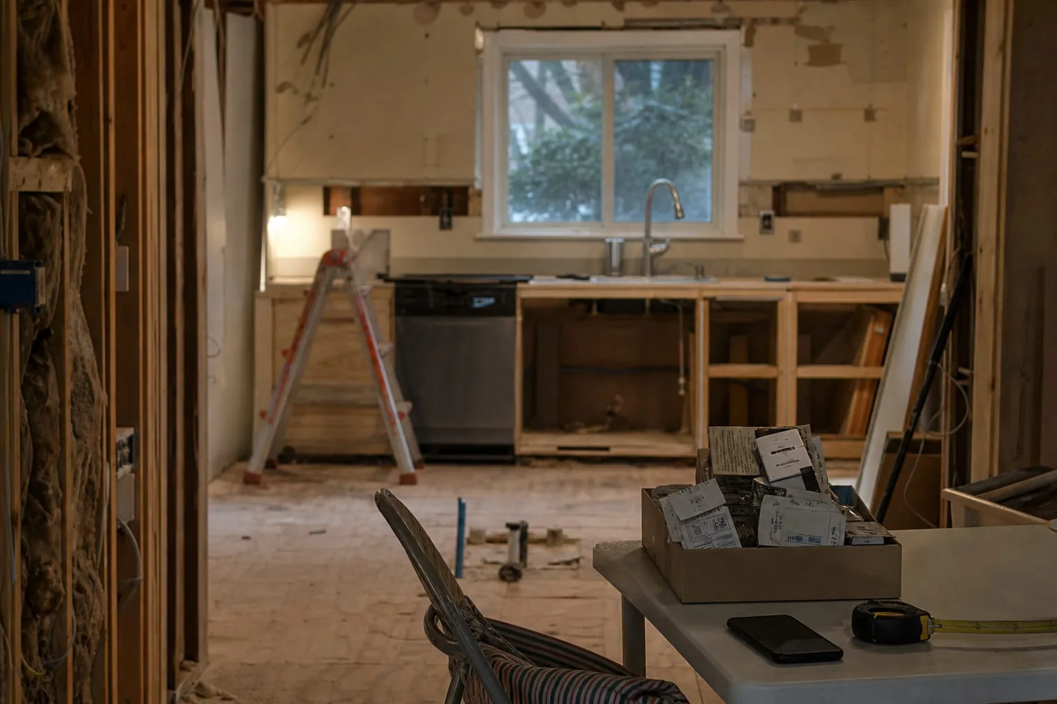 A kitchen mid-renovation at the end of a workday, exposed studs and subfloor, a shoebox of product labels and receipts on a card table beside a phone and a t...