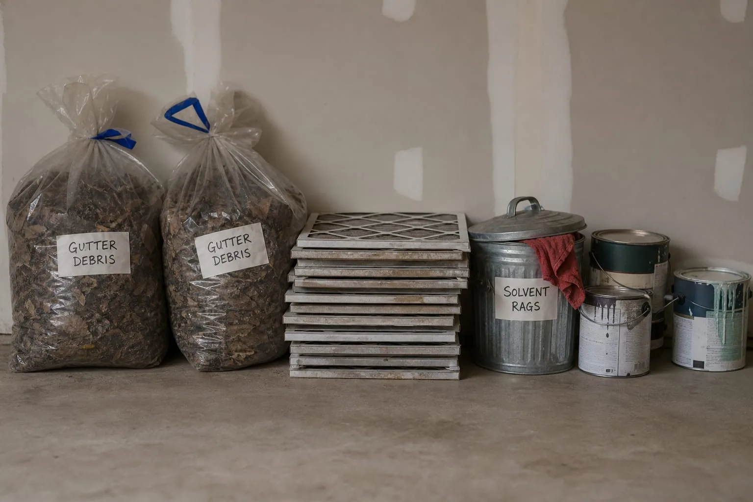 A residential garage staging corner with labeled contractor bags of gutter debris, a stack of used furnace filters, a metal lidded can for solvent rags, and...