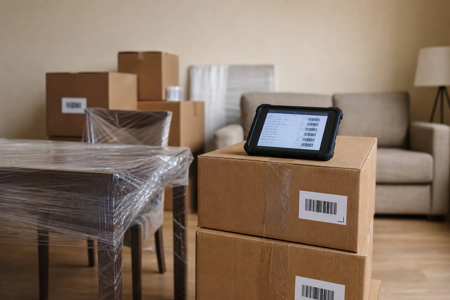 A moving crew's tablet displaying a barcoded household goods inventory, resting on a stack of labeled cartons beside a wrapped dining table in an empty livin...