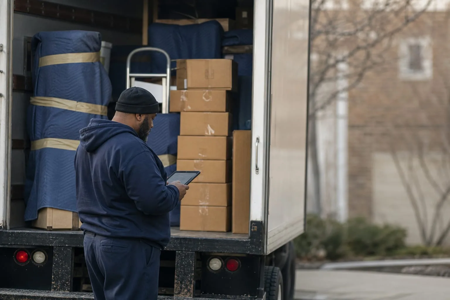 A partially loaded moving truck at a curb with quilted furniture pads, stacked double-wall dish pack cartons, and a driver holding a tablet inventory
