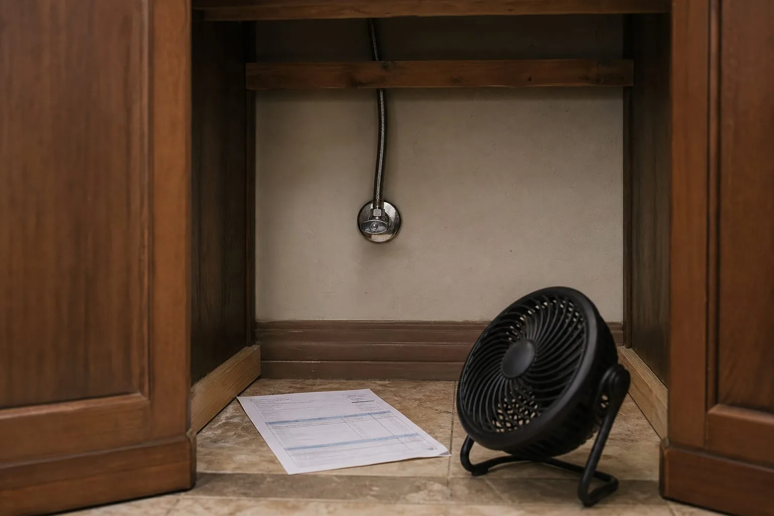 An open kitchen sink base cabinet with the floor panel removed, a new braided steel supply line and shutoff valve visible on the wall behind, a plumber's inv...