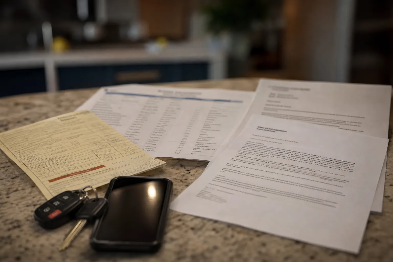 A traffic citation, a printed driving record abstract, and two law firm engagement letters spread across a kitchen table beside a set of car keys and a phone