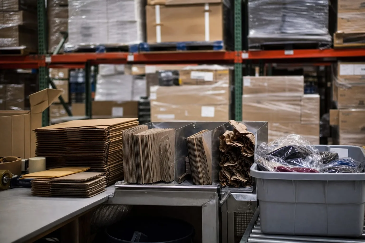 A third party fulfillment warehouse aisle with mixed pallets of shrink-wrapped cartons, a packing station in the foreground holding corrugated mailers and pa...
