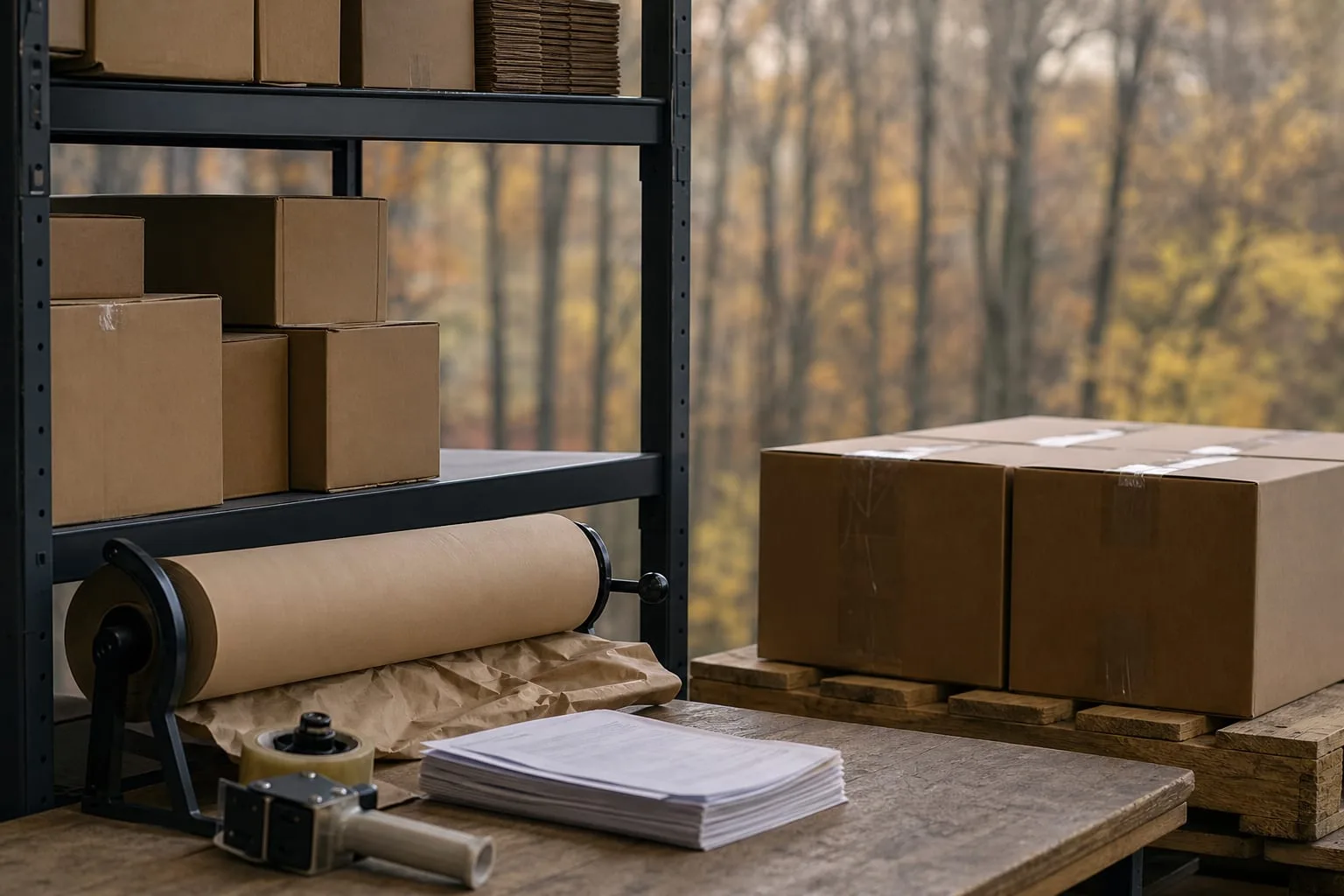 A warehouse packing station in late fall with a half-empty rack of corrugated boxes in mixed sizes, a nearly bare roll of kraft paper void fill, a tape gun,...