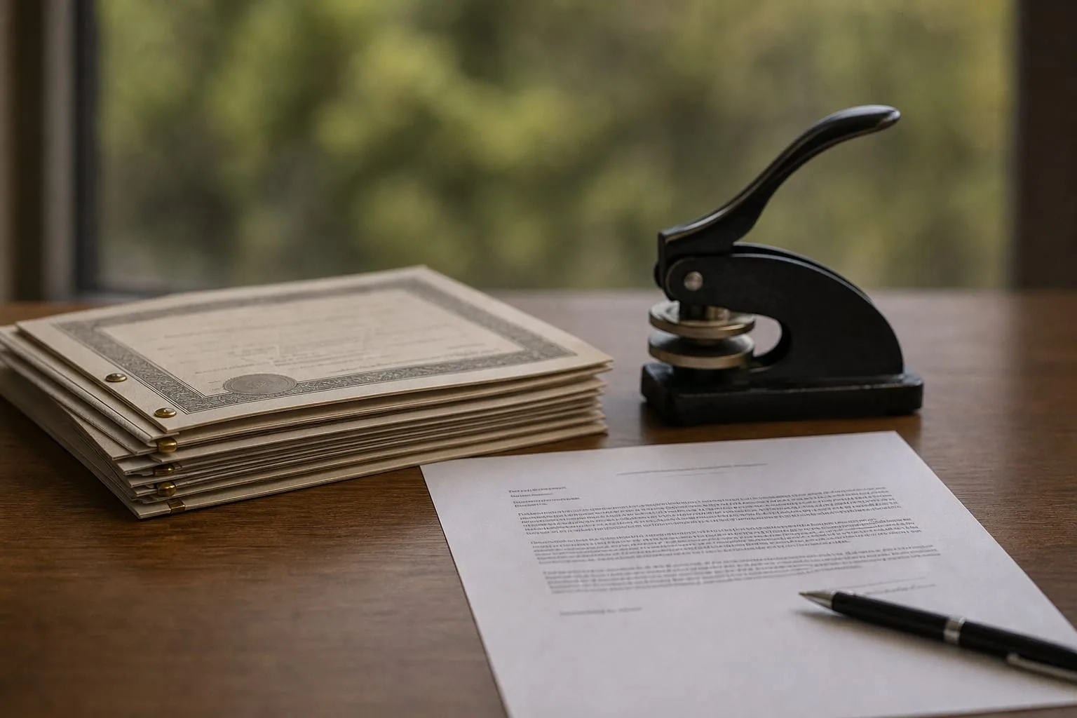 A short stack of recorded property deeds and a notary seal embosser on a wooden desk beside a single-page attorney engagement letter