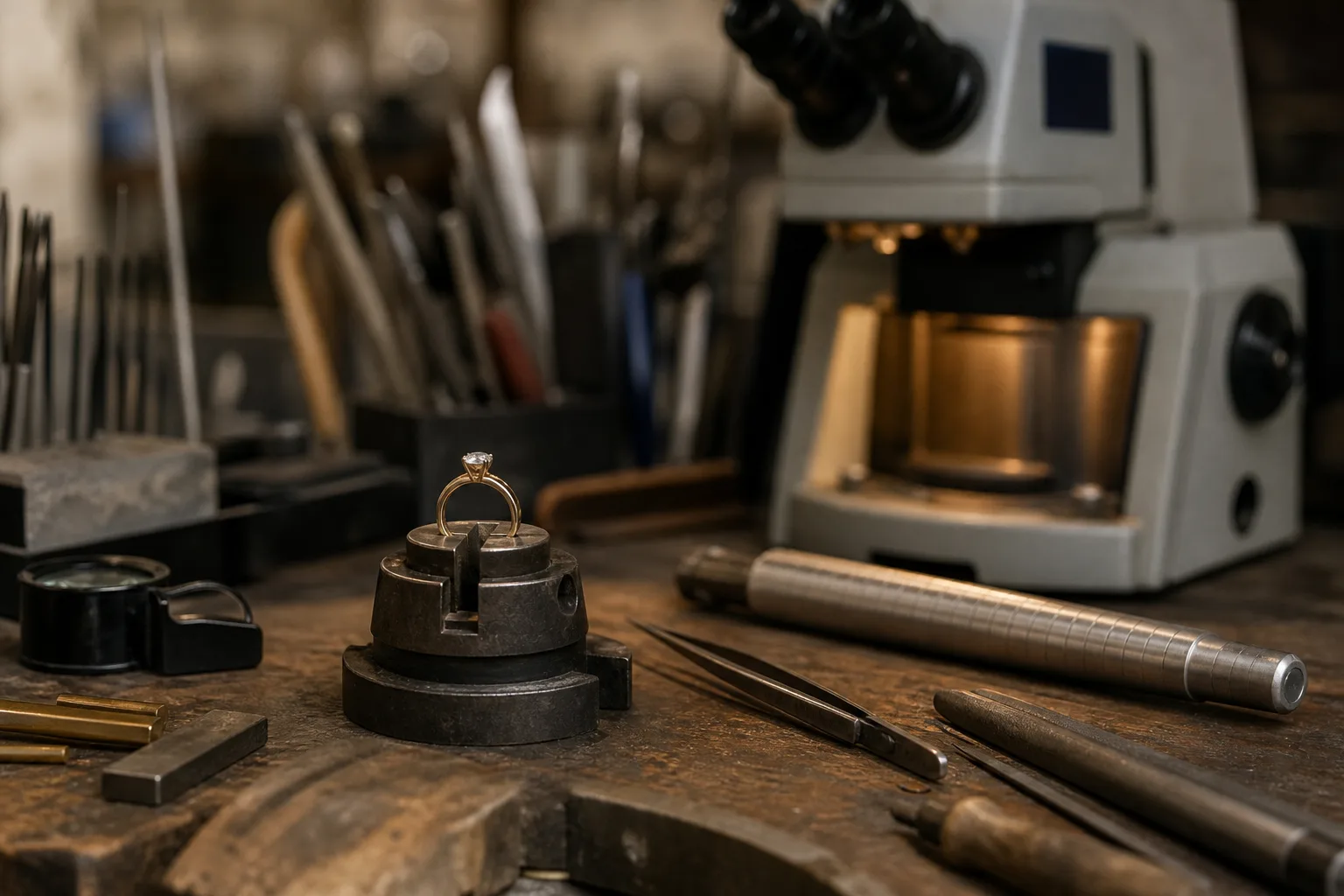 A jeweler's workbench with a ring held in a clamp, a ring mandrel, files, tweezers and a laser welding unit nearby, with gold stock and a loupe on the worktop