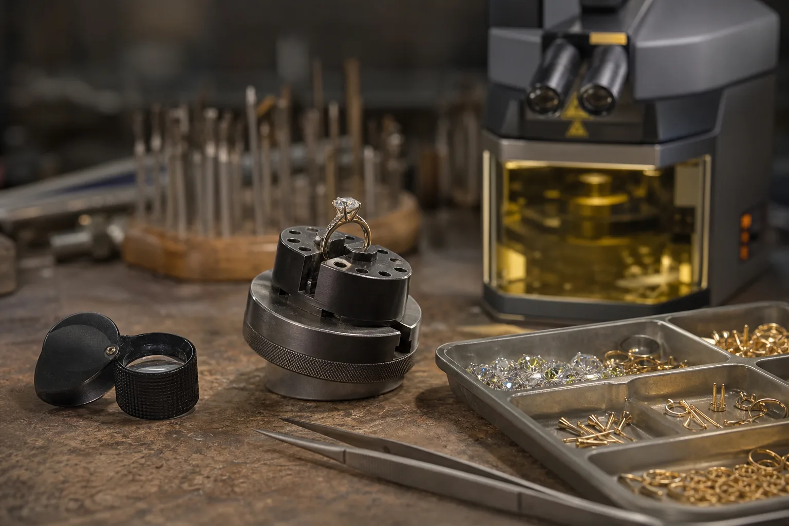 A jeweler's workbench with a ring clamped in a setting holder, loupe, tweezers and a laser welding unit in the background, a tray of small stones and gold fi...