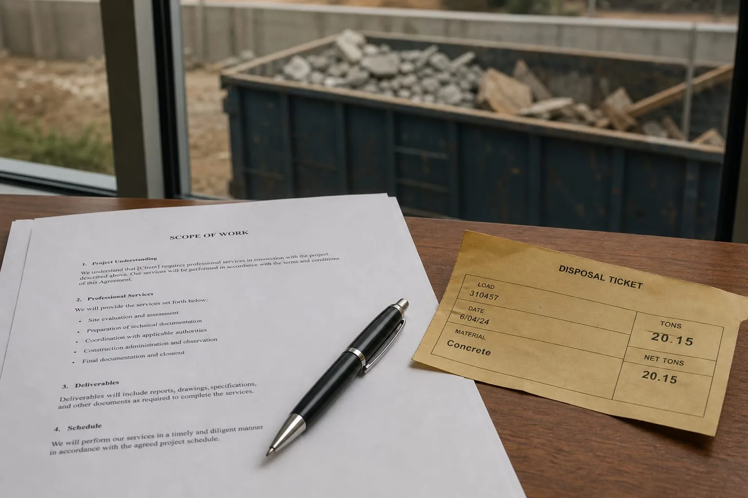 A printed professional services engagement letter on a desk beside a construction disposal ticket showing tonnage, with a pen resting on the scope-of-work page