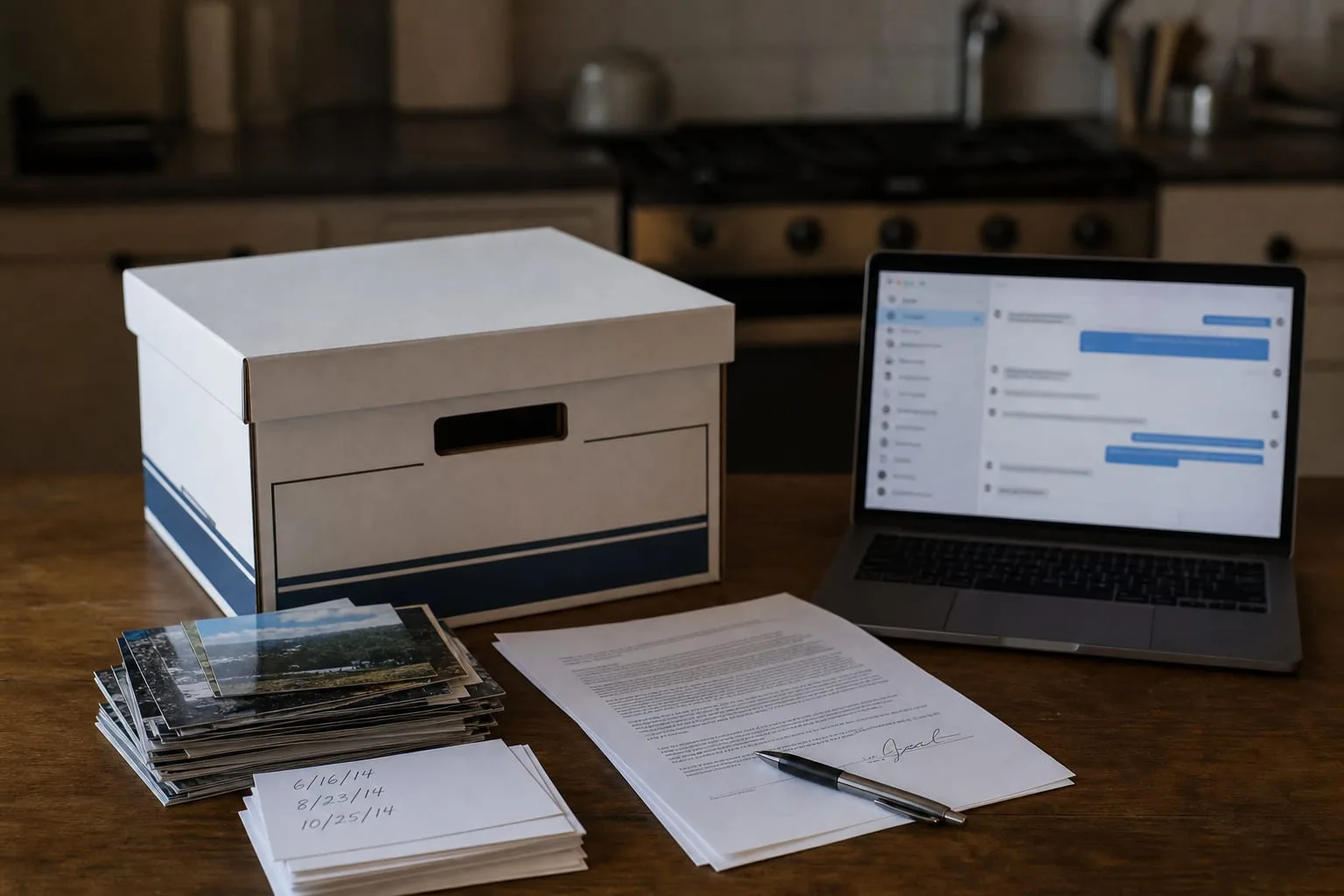 A kitchen table with a closed banker's box beside a laptop showing an exported message thread, a signed contract in paper, and a stack of printed photographs...