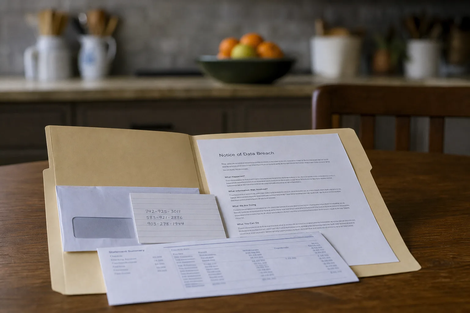 A manila folder open on a kitchen table holding a printed breach notification letter, its envelope, an index card with handwritten numbers, and a bank statement