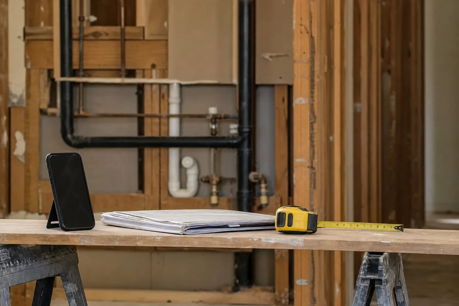 A kitchen mid-renovation with open stud walls and exposed plumbing, a phone propped on a sawhorse next to a folded contract and a tape measure
