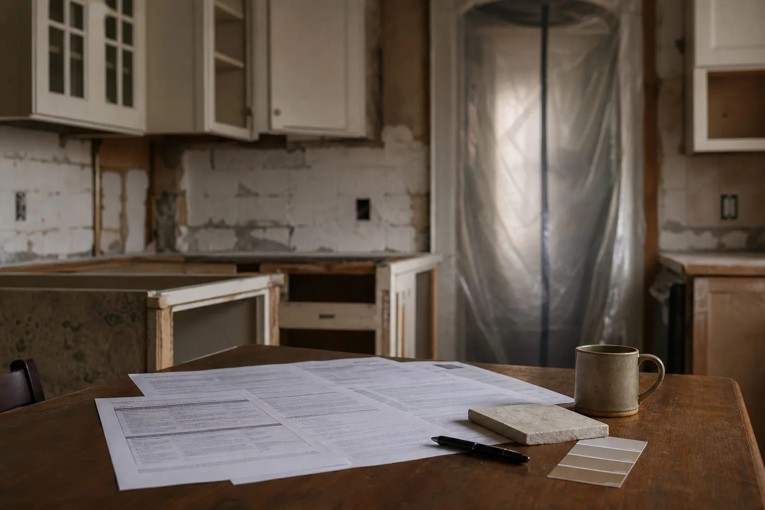 A printed multi-page scope of work document spread across a kitchen table with a pen and a coffee cup, alongside a tile sample and a paint chip, in a partial...