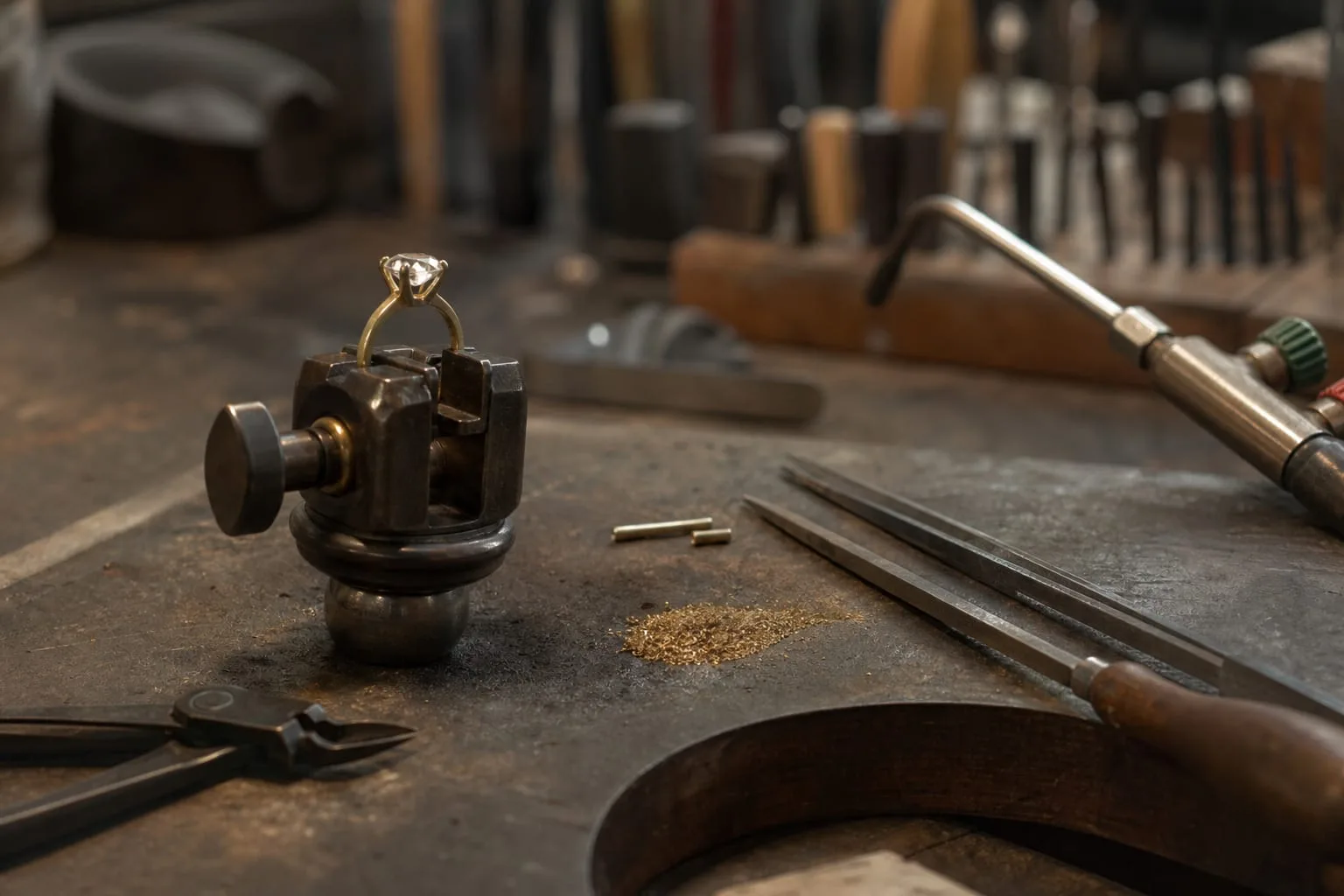 A jeweler's bench with a ring clamped in a setting vise, a small pile of gold filings on the bench pan, snipped shank ends, files and a soldering torch nearby
