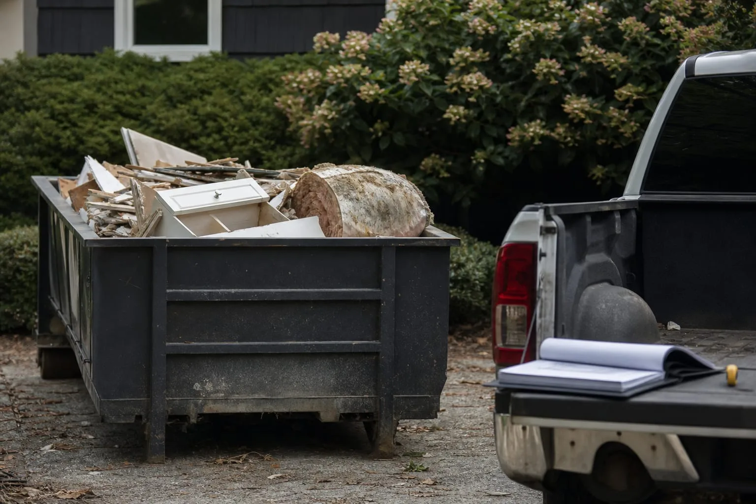 A residential driveway with a small rented dumpster half filled with torn-out drywall, a bathroom vanity and rolled wet insulation, with a folder of contract...