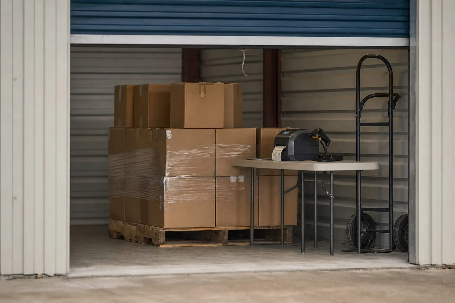 A small rented storage unit with the roll-up door open, stacked shipping cartons on a pallet, a thermal label printer and handheld scanner on a folding table...