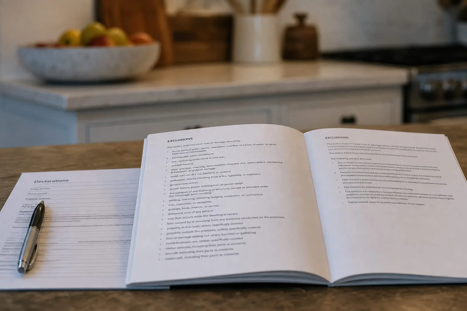 A homeowners insurance policy booklet open flat on a kitchen table to the exclusions pages, with a declarations page and a pen beside it