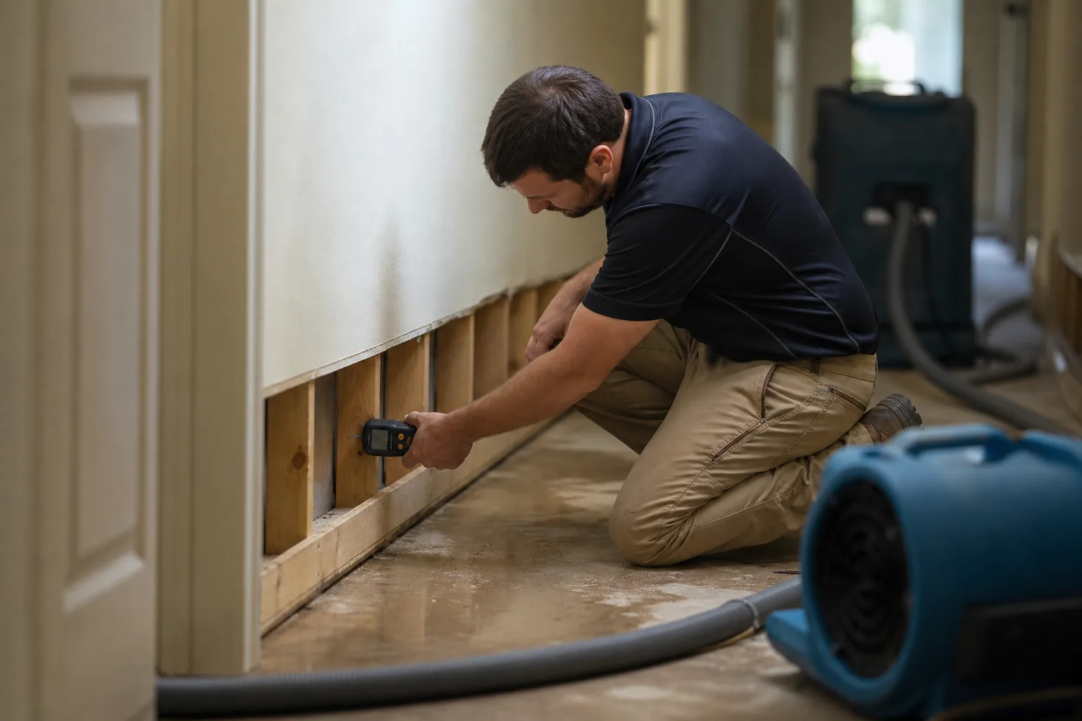 A restoration technician kneeling beside a removed baseboard on a hallway wall, holding a pin-type moisture meter against the exposed bottom plate, with an a...