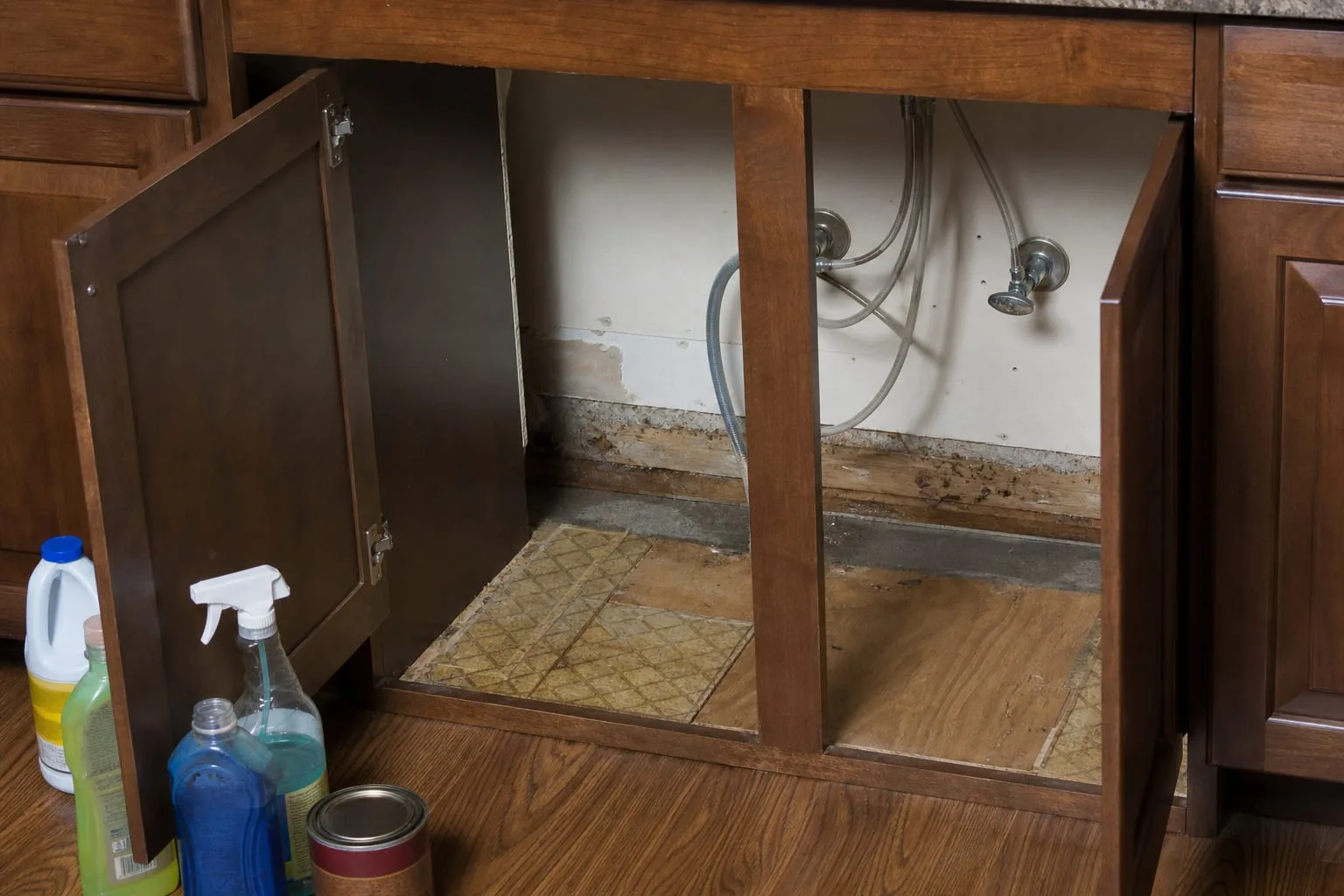 An emptied kitchen sink base cabinet with the particleboard floor removed, exposing shutoff valves, supply lines and a patch of old sheet vinyl and plywood s...