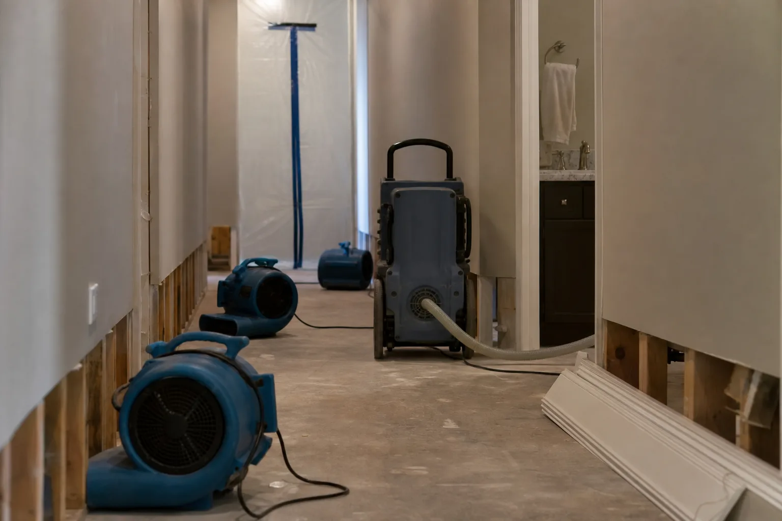 A residential hallway mid dry-out, baseboard trim removed and leaning against a wall, several air movers angled along the floor, a large dehumidifier with a...